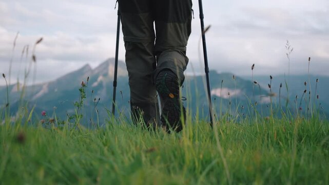 Rear back view gimbal shot male feet legs use trekking poles stepping on grassy meadow hill overlooking mountains in sunrise or sunset light. Man wearing hiking boots walks on clover grass. Male hiker