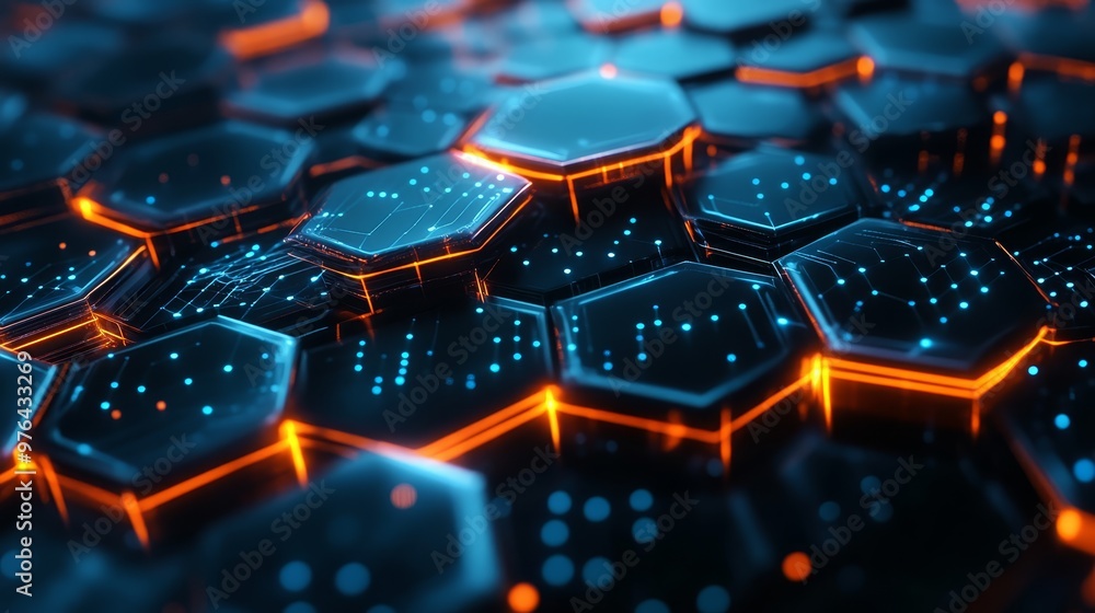 Poster abstract hexagon pattern with neon lights and network connections