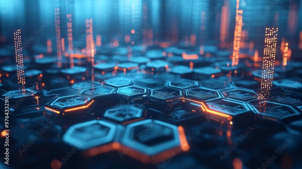 Poster abstract futuristic technology background with hexagon pattern and glowing lights