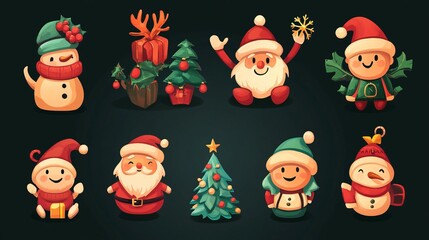 Cute cartoon Christmas characters, including Santa, a snowman, and an elf.