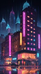 Obraz premium Neon lights illuminate a vibrant cityscape at night, creating a stunning urban atmosphere