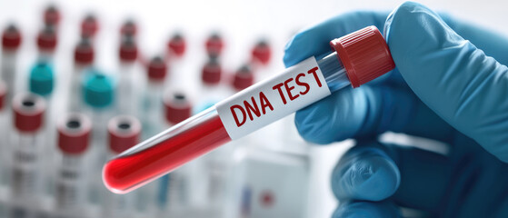 Obraz premium A person is holding a blood sample tube that says DNA test. Concept of medical testing and the importance of understanding one's genetic makeup