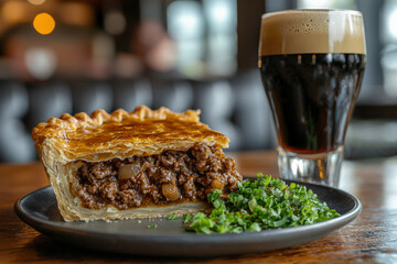 A slice of beef pie with greens and a glass of Guinness