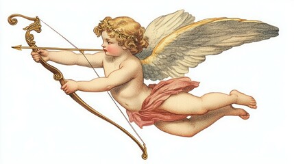 Obraz premium A cherubic cupid, with wings spread, aims an arrow from a golden bow.