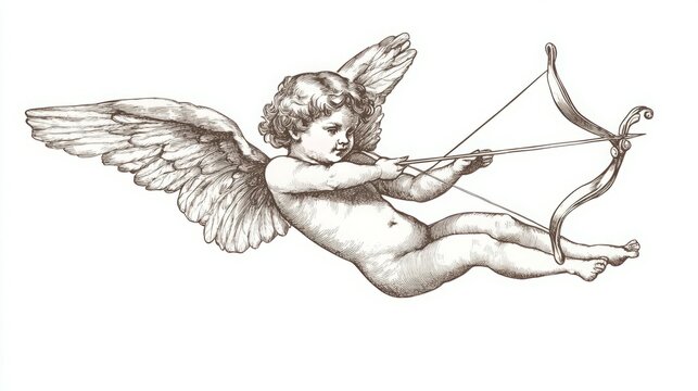 recommend clip art: A cherubic angel with wings drawn in pencil flies through the air with a bow and arrow.