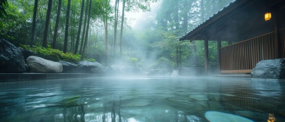 Steaming onsen hot spring situated on the edge of a lush misty bamboo grove