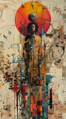 Abstract Collage Portrait of a Woman with Moon and Sun