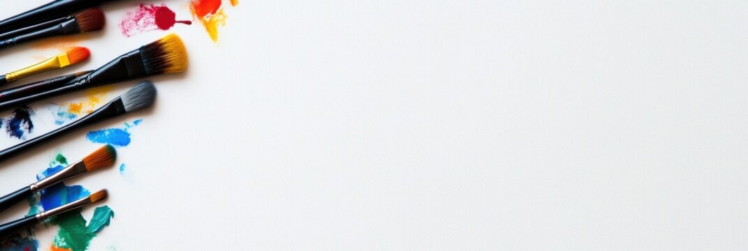 A collection of paintbrushes of varying sizes is spread out on a canvas partially splashed with a mix of bright colors, capturing the essence of artistic creativity and expression.