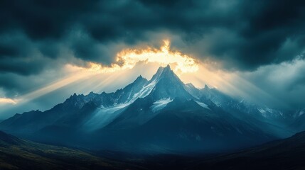Majestic snow-capped mountain peaks silhouetted against a dramatic stormy sky after a heavy rainfall