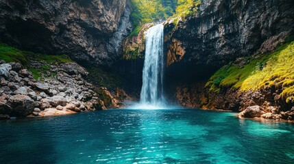 Naklejka premium Dramatic cascading waterfall plunging over a towering cliff-lined mountainside into a pristine turquoise pool