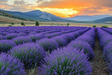 Obraz premium Lavender Field at Sunset with Mountain Range in Background