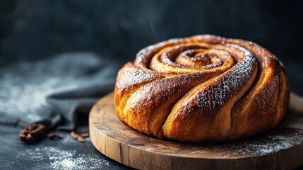 Tempting freshly baked cinnamon swirl bread presented in a chic minimalist setting with a sleek charcoal grey backdrop