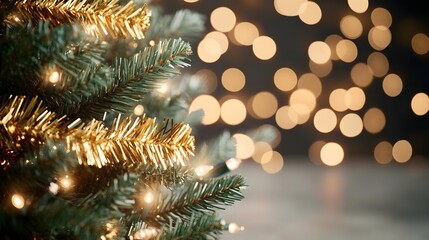 Christmas Tree Branch with Gold Tinsel and Lights