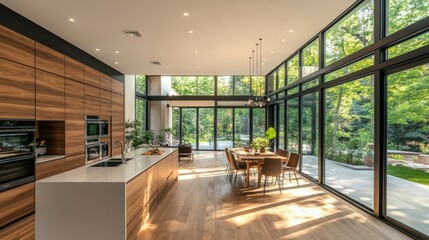 Modern open-concept kitchen with sleek custom cabinetry state-of-the-art appliances and large windows