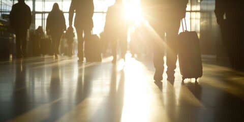 Individuals walk through a sunlit terminal pulling their luggage, representing the themes of travel, transition, and the hustle and bustle of modern transportation hubs.