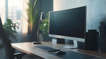 Fototapeta premium Modern Home Office Desk with Computer, Keyboard, and Mouse - 3D Illustration