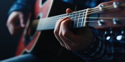 Obraz premium A close-up shot of a man playing an acoustic guitar, with a focus on the strings and fingers, capturing the essence of musical expression and dedication.