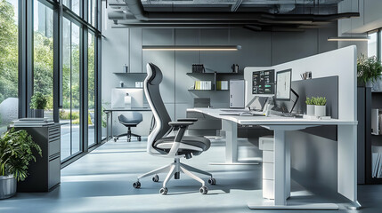 Modern Office Interior Design with Desk and Chair - 3D Illustration