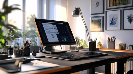 Modern Home Office Desk with Computer and Supplies - 3D Illustration