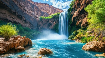 Dramatic thundering waterfall plunging over a towering rocky cliff into a pristine turquoise river...