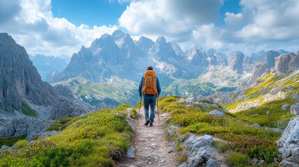 Adventurous hiker exploring a winding rocky mountain trail with sweeping vistas of the surrounding peaks