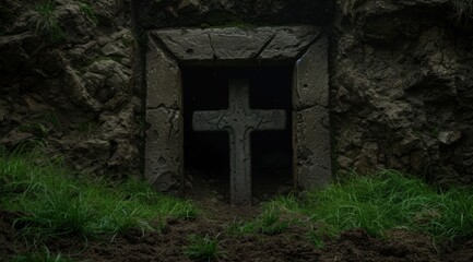 dark and mysterious stone cross in a forest