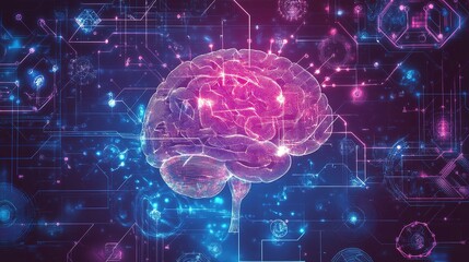 Artificial brain glowing with neural designs representing intelligence and mind