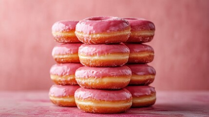 Mouthwatering glazed donuts stacked in an enticing visually striking arrangement on a bold monochrome surface