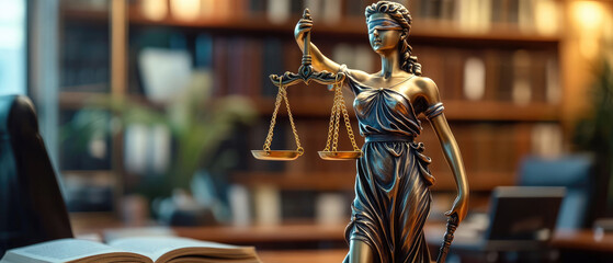 A statue of a woman holding scales and a blindfold. The statue is placed in front of a bookshelf