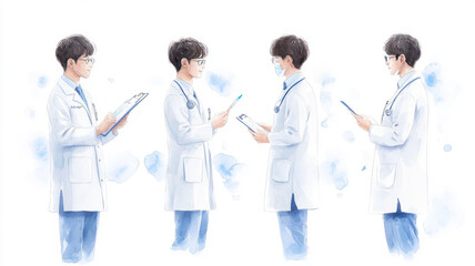 Fototapeta premium a set of doctor doing different activities, watercolour, sheet tournaround, white background