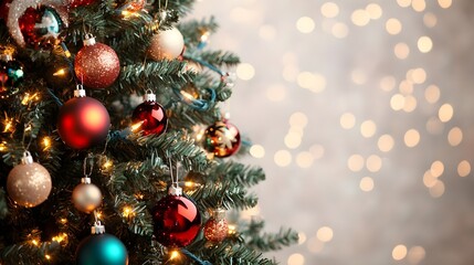 Christmas Tree Ornaments, Lights & Bokeh Background