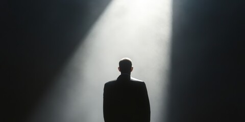 A person stands alone in a spotlight on a dark background, creating a dramatic and intense atmosphere, with the light highlighting the silhouette and details.