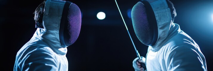 Two fencers engage in a dynamic match, fully geared in their protective suits and helmets, under the focused lighting that highlights their stances and movements.