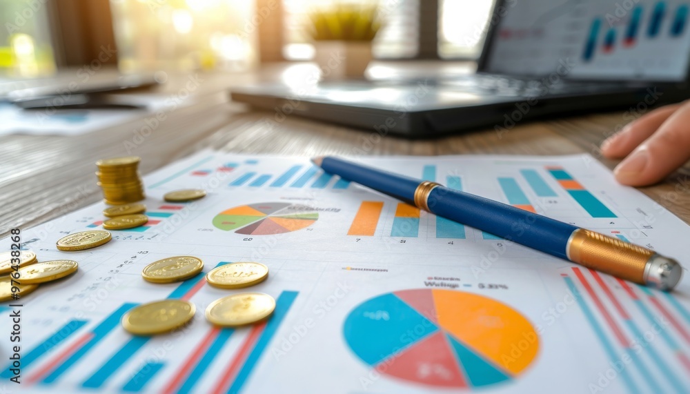 Poster business analysis with charts, graphs, and coins on a table, highlighting financial trends and data 