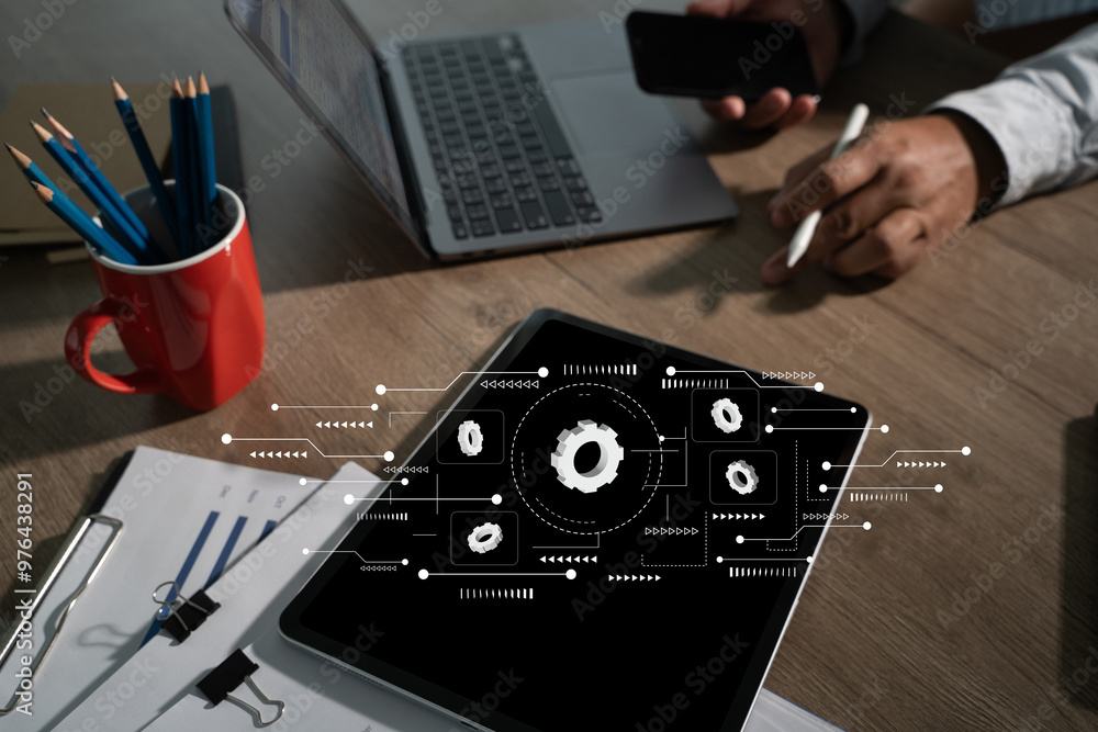 Aufkleber integration concept integration and teamwork businessman is using phone