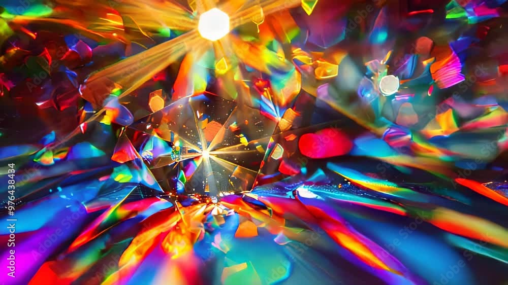 Poster a dazzling display of rainbow-colored light refraction through a prism, creating a vibrant and color