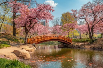 Obraz premium Cherry Blossom Trees Frame a Wooden Bridge Over a Koi Pond