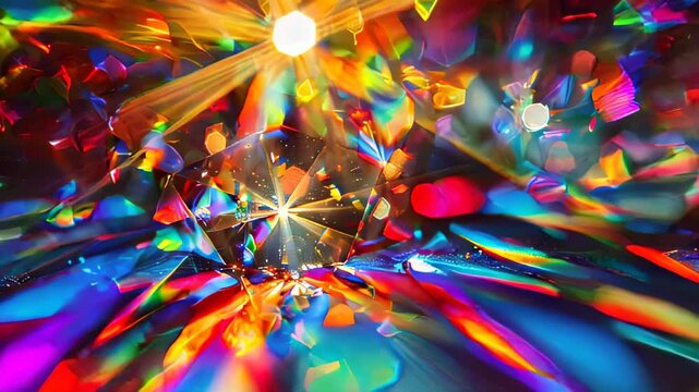 A dazzling display of rainbow-colored light refraction through a prism, creating a vibrant and colorful abstract effect.