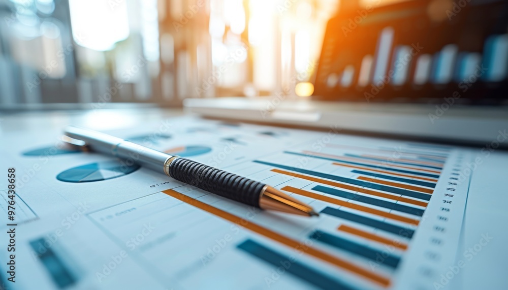 Poster Close-up view of business charts and a pen on a report, symbolizing analysis and strategy in a modern workspace.