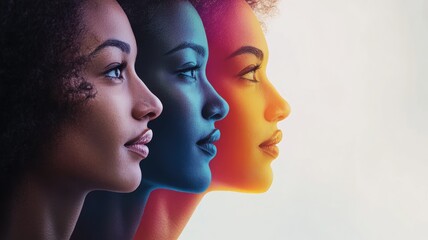 Profile view of three diverse women looking forward, representing unity and diversity