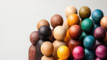 Colorful wooden human figurines grouped together on white background