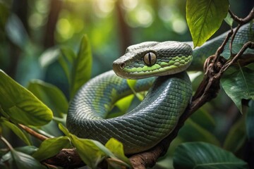 Obraz premium Snake Coiled on a Jungle Branch: A sleek green tree python coiled gracefully around a thick jungle branch, its vibrant scales blending with the surrounding leaves.