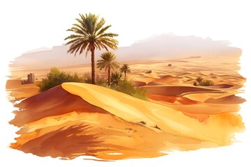 Oasis in the desert. Panorama of the desert with palm trees. Africa. Arabian land. Safari landscape. Gobi desert. Sahara desert. 