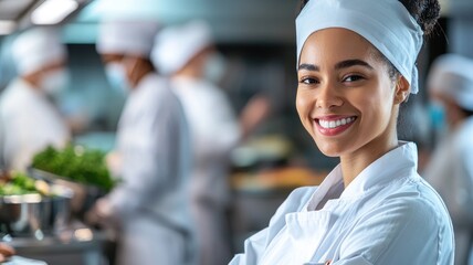 Smiling African American female chef in busy kitchen setting