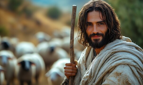 Jesus como Bom Pastor Guiando Ovelhas no Campo 
