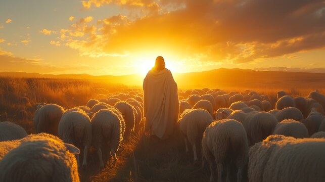 Jesus o bom pastor com Ovelhas ao Entardecer: Cena de Serenidade e Espiritualidade na Natureza