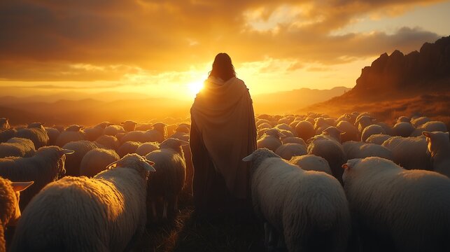 Jesus como Bom Pastor Guiando Ovelhas no Campo ao P&ocirc;r do Sol