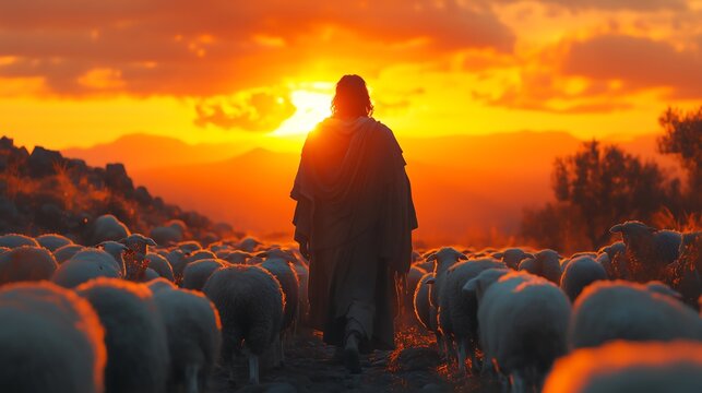 Jesus como Bom Pastor Guiando Ovelhas no Campo ao P&ocirc;r do Sol