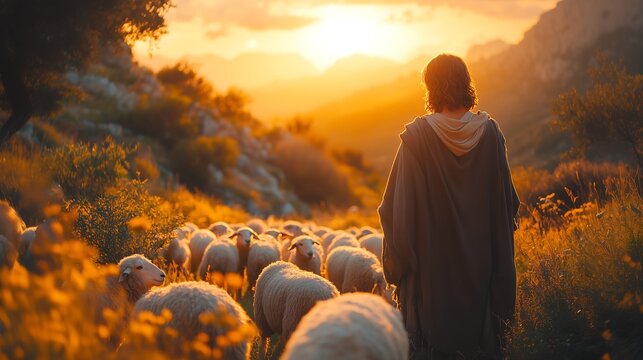 Jesus como Bom Pastor Guiando Ovelhas no Campo ao P&ocirc;r do Sol