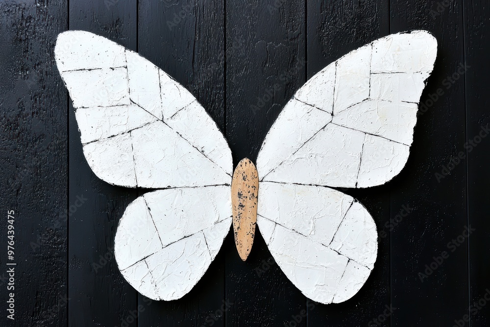 Wall mural abstract white butterfly on black wooden background